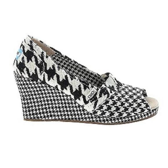 TOMS Scottish Houndstooth Wedges Peep Toe Black White Tweed Plaid sz 6 - Picture 2 of 13